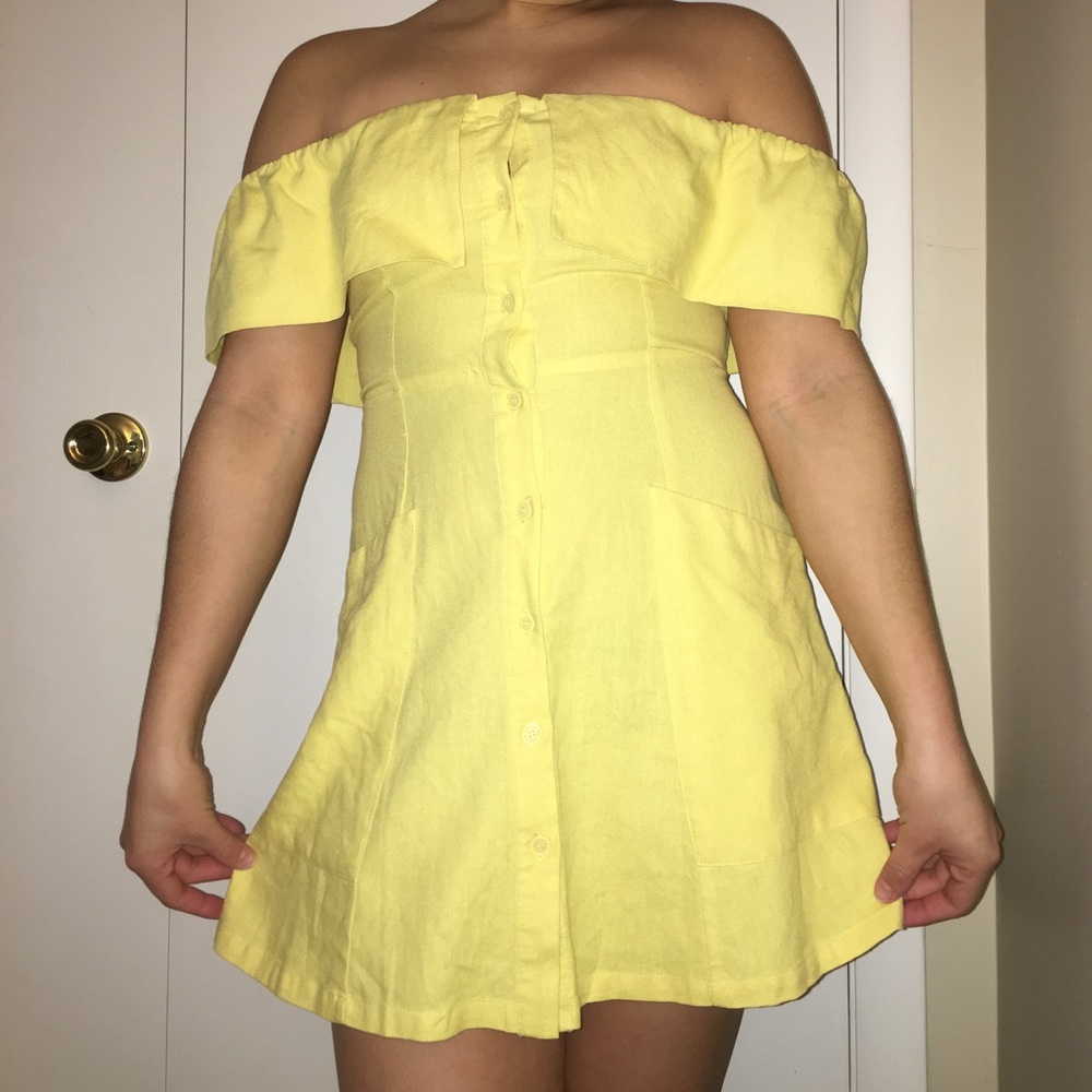 Yellow front buttons off the shoulder dress
